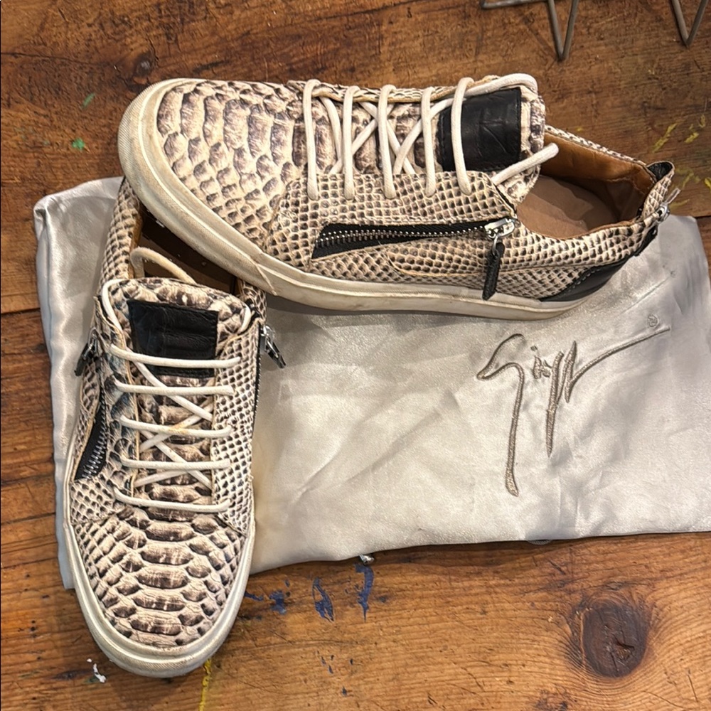 Giuseppe Zanotti Tan and Black Snakeskin Sneakers